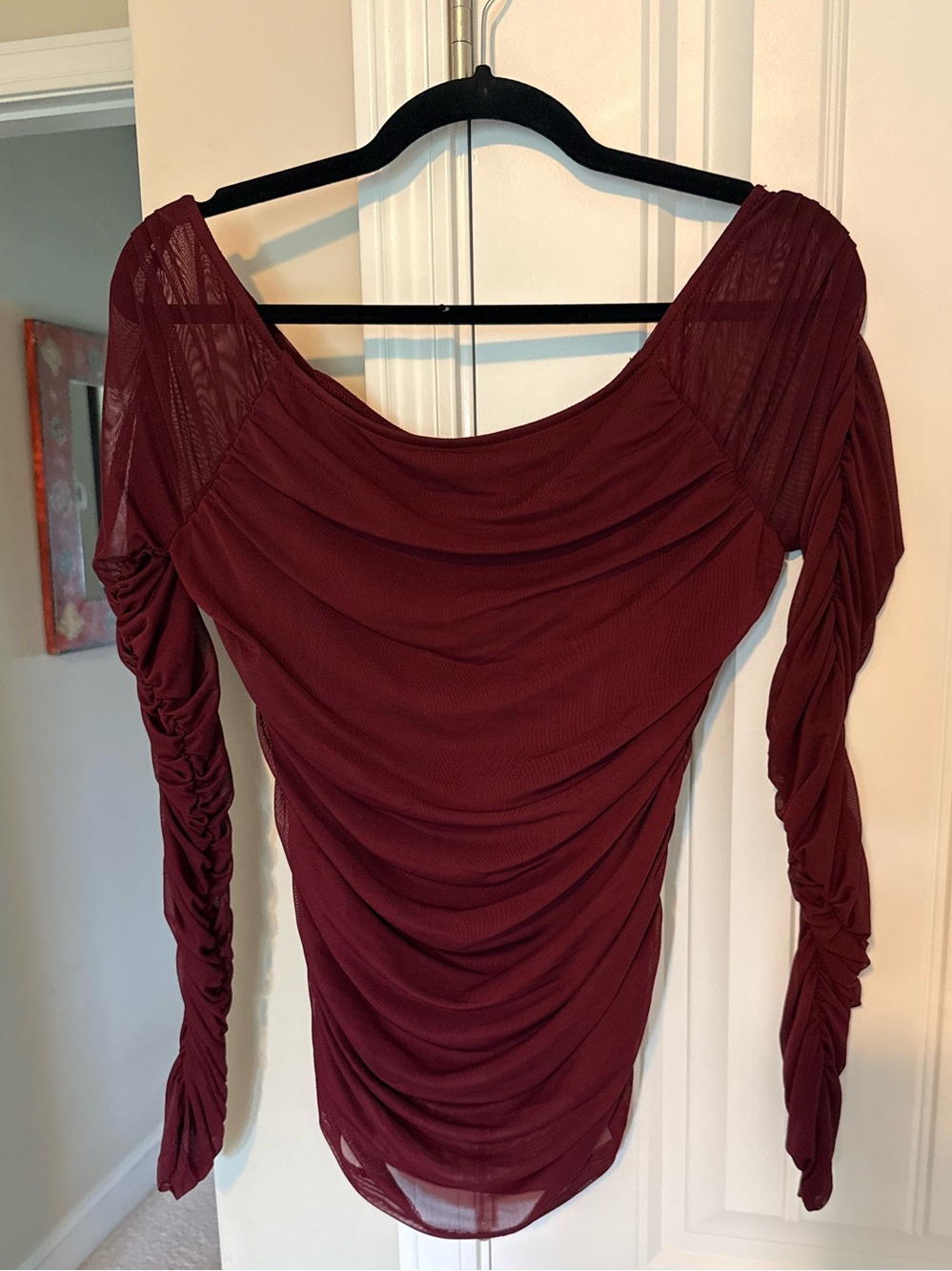 Lucky Brand Women's Burgundy Sheer Ruched Long-Sleeve Blouse
